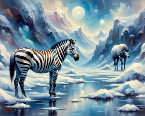 Surreal Landscape with Zebra and Ram by Water