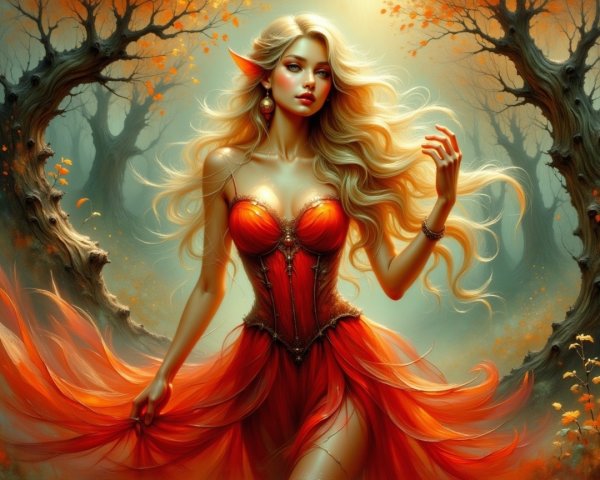 Fairy in Red Gown Surrounded by Autumn Foliage