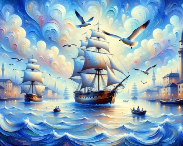 Seascape with Sailing Ships and Coastal City Background