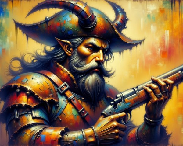 Fierce Pirate in Colorful Armor with Vintage Pistol