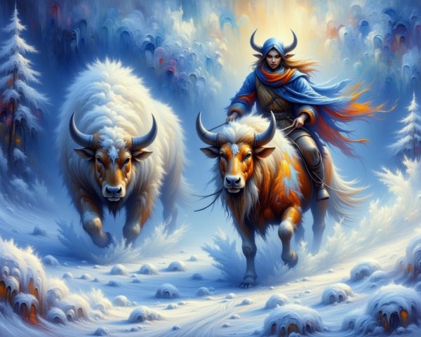 Mythical Warrior in Snowy Landscape with Oxen