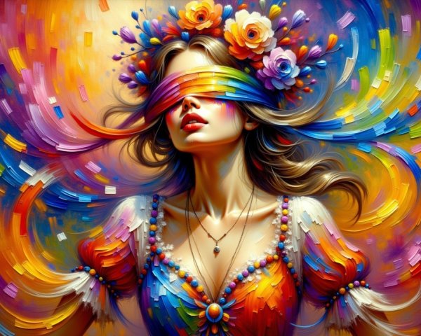 Vibrant Oil Painting of a Woman with Rainbow Headband