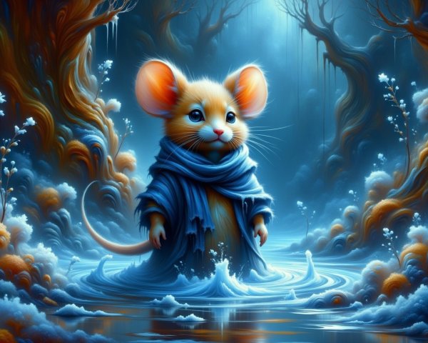 Mouse in Blue Cloak in Mystical Forest Setting