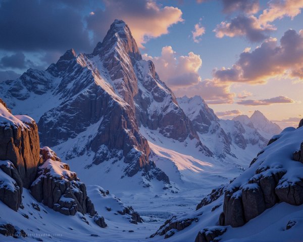 Twilight Mountain Landscape with Snow-Capped Peaks