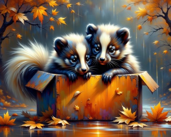 Raccoon Cubs in a Colorful Crate Surrounded by Leaves