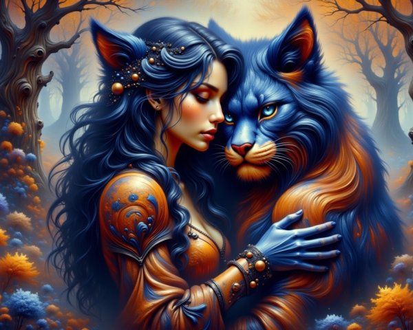 Mystical Scene of Woman and Blue Lion in Forest