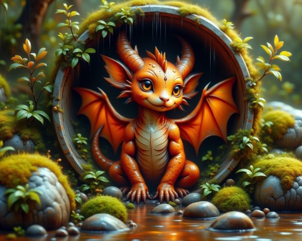 Cartoonish dragon in a mossy barrel in a forest