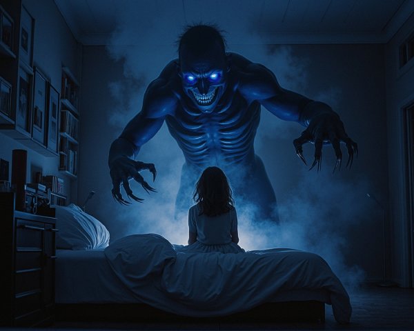 Monstrous figure in a dimly lit bedroom scene