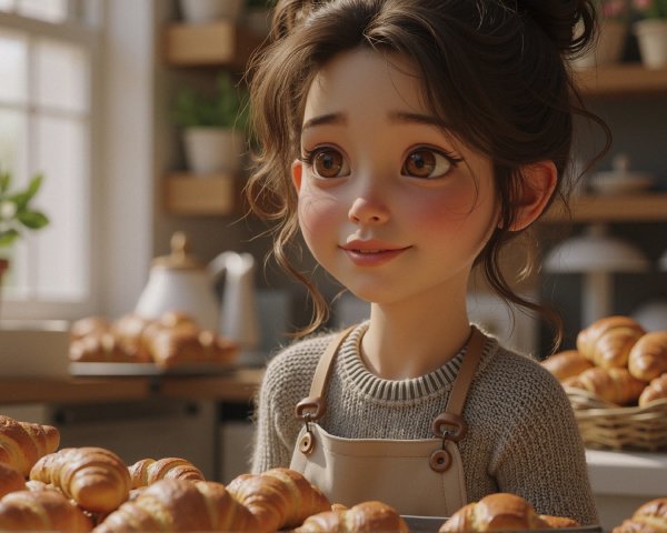 Young girl in cozy bakery with warm atmosphere