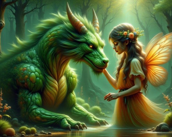 Magical Forest Encounter Between Girl and Dragon