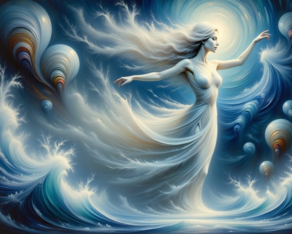 Woman in White Fabric Surrounded by Ocean Motifs