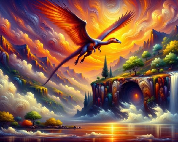 Vibrant Landscape with Colorful Creature at Sunset