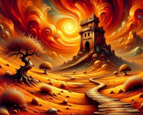 Vibrant Landscape with Tower and Winding Path