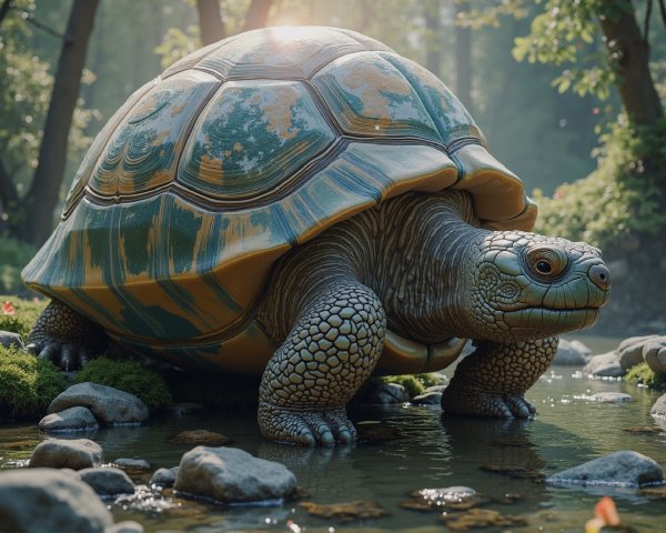Vibrant Turtle by Serene Pond with Lush Greenery