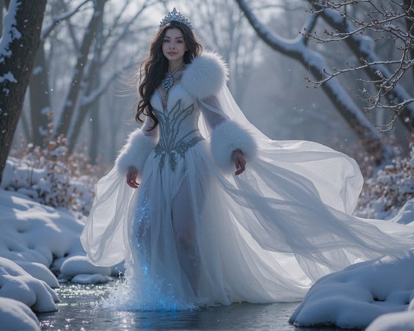 Graceful Figure in Snowy Landscape with White Gown
