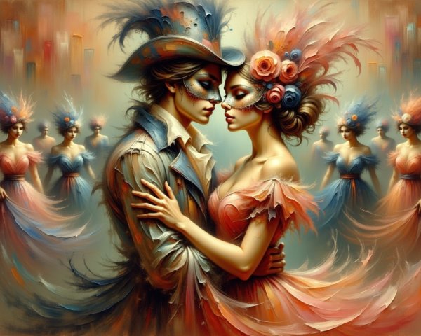 Masked Couple in Colorful Costumes Embracing
