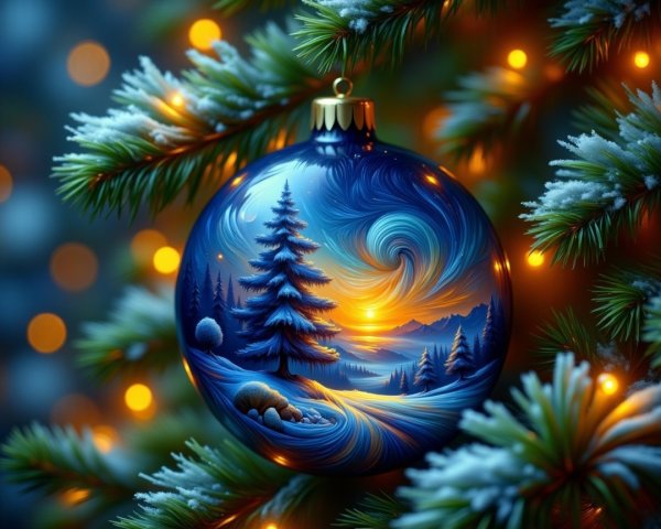 Close-up of a blue glass Christmas ornament on snow.
