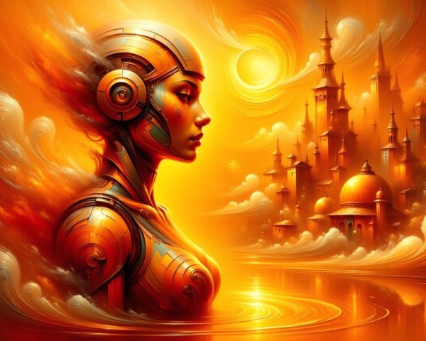 Steampunk Woman with Golden Accents Against Vibrant Background