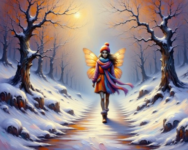 Young girl with butterfly wings in snowy landscape