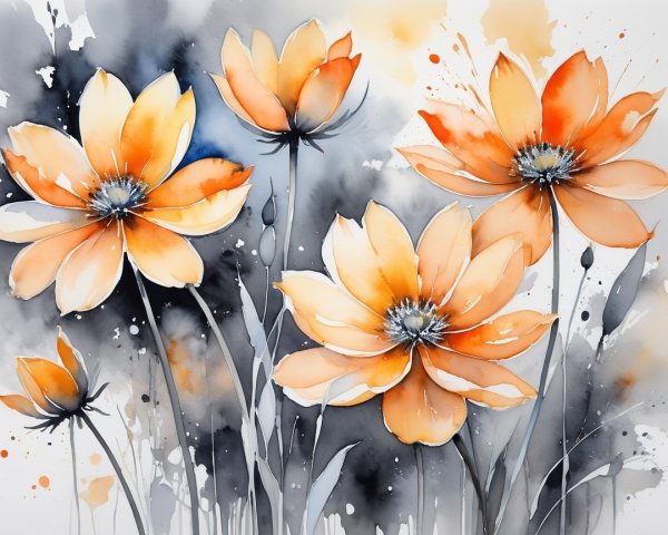 Vibrant Watercolor Painting of Orange and Yellow Flowers