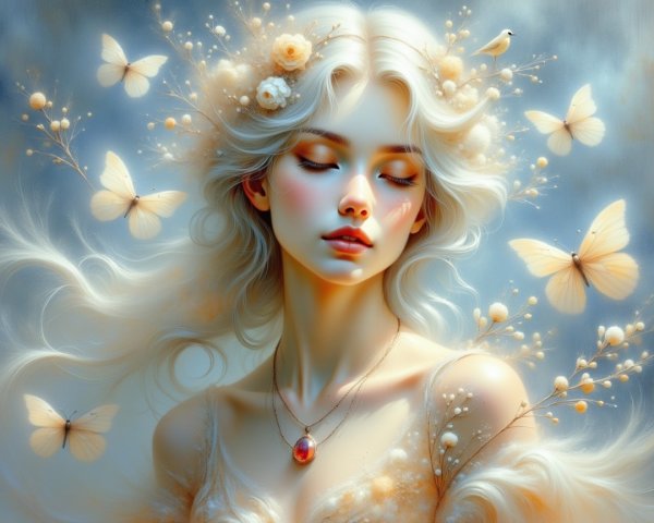 Ethereal Woman Surrounded by Butterflies and Flora