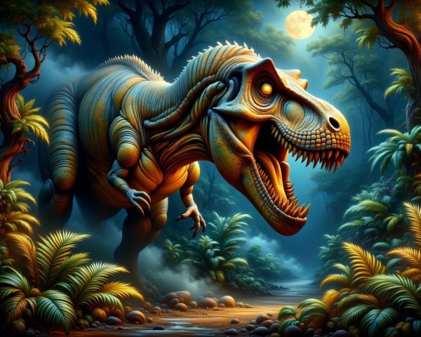Tyrannosaurus rex in a luminous prehistoric jungle