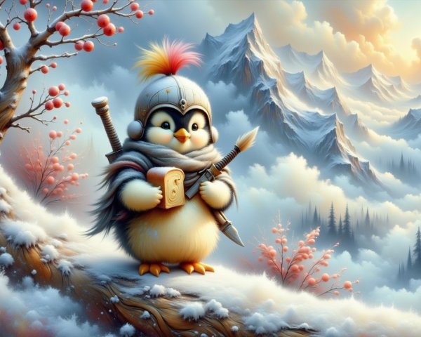 Whimsical Penguin in Snowy Landscape with Mountains