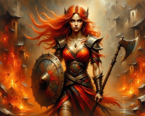 Fierce Warrior Woman in Fiery Battle Landscape