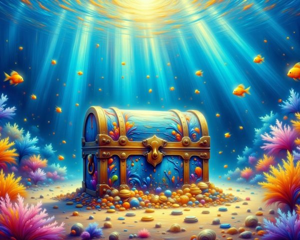 Vibrant Underwater Scene with Treasure Chest and Coral