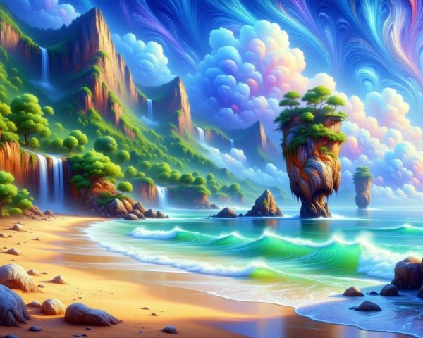 Vibrant Coastal Scene with Waterfalls and Lush Cliffs