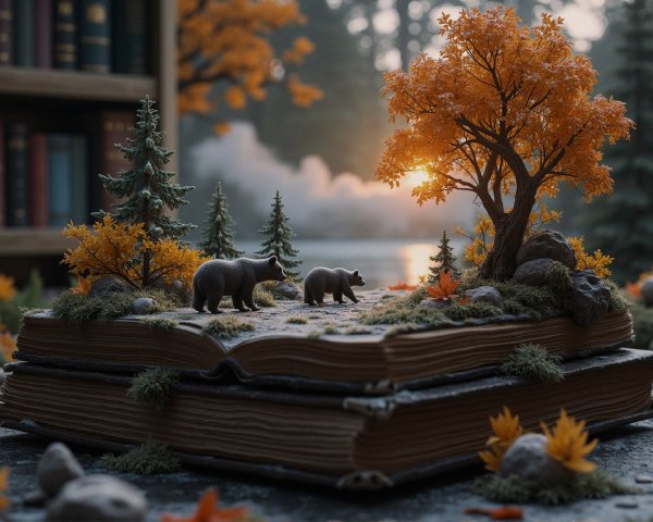 Whimsical Bears on an Open Book with Autumn Landscape