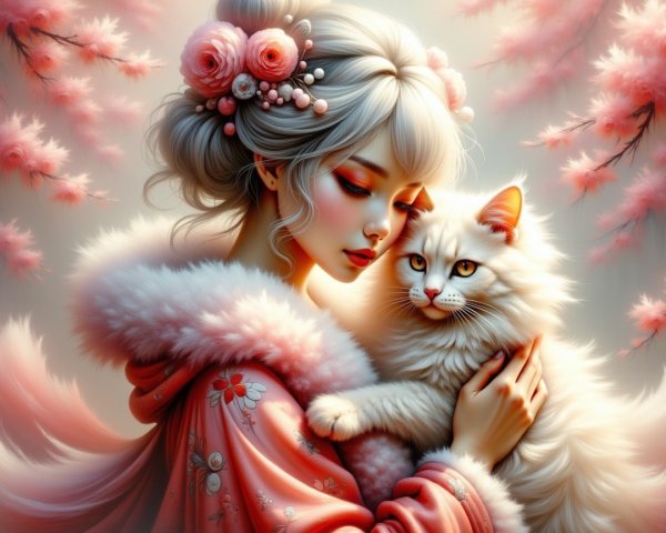 Young woman in pink robe holding a white cat with blossoms