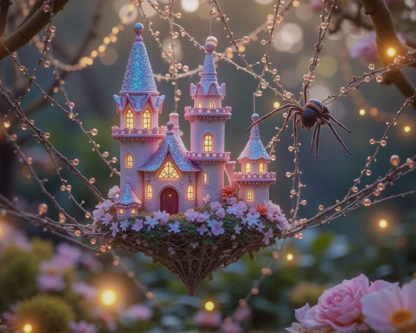 Miniature Castle on Twigs Nest Surrounded by Flowers