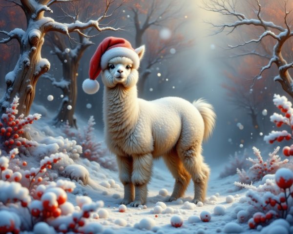 Fluffy White Alpaca in Snowy Forest Setting