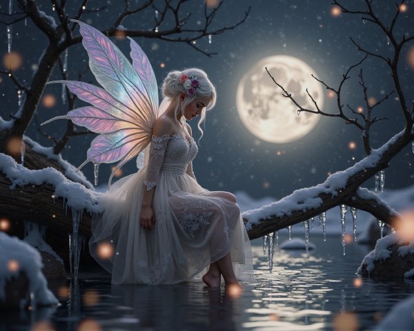 Blonde Fairy with Wings on Snowy Branch at Night