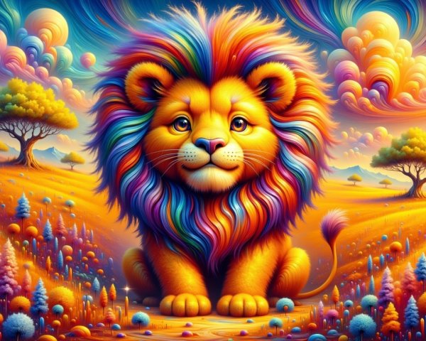 Vibrant Lion in a Colorful Surreal Landscape