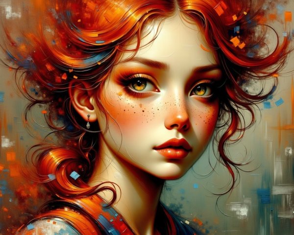 Portrait of a Young Girl with Red Hair and Freckles