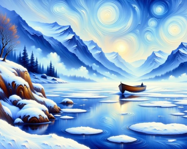 Serene Winter Landscape with Lake and Snowy Mountains