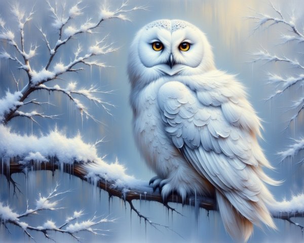 White Owl on Snowy Branch in Frosty Landscape