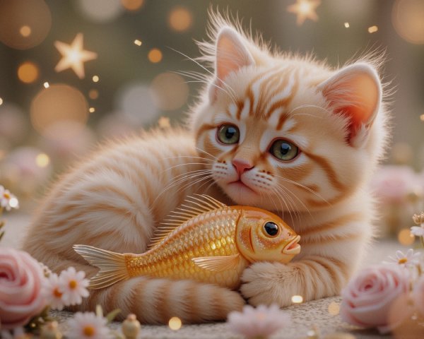 Fluffy Tabby Kitten with Koi Fish on Light Surface