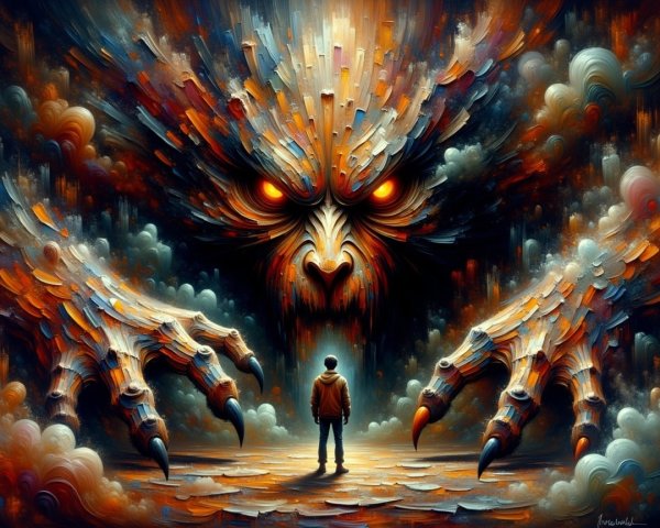 Solitary Figure Confronts Colossal Menacing Creature
