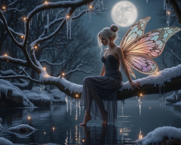 Ice Fairy on Snowy Branch by a Moonlit Lake