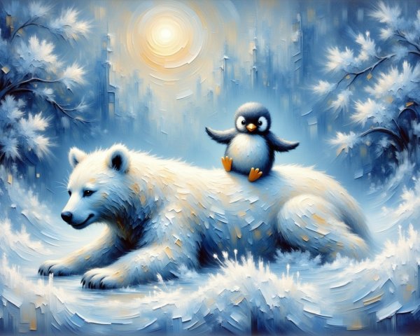 Polar Bear and Penguin in Serene Winter Landscape