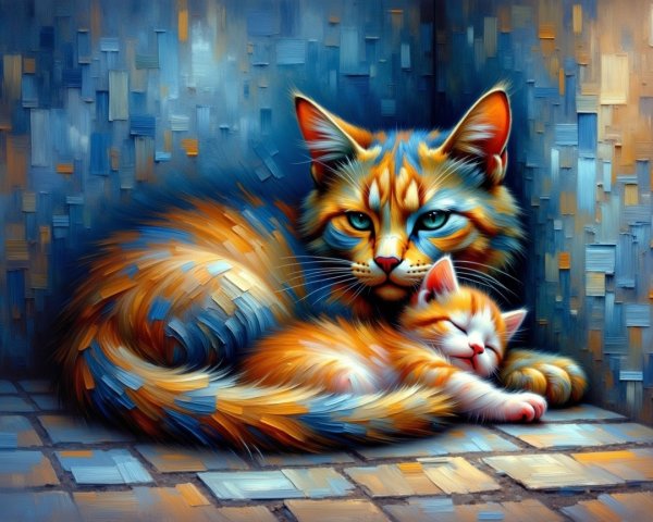 Vibrant Digital Artwork of Cat and Kitten Together