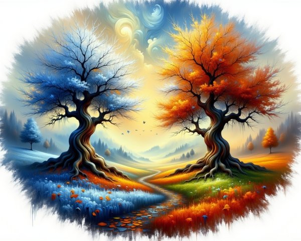 Serene Landscape with Winter and Autumn Trees