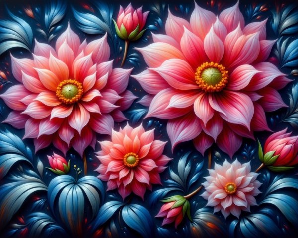 Oversized Pink and Coral Flowers with Green Leaves