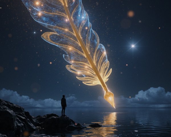 Person on rocky shore gazes at glowing quill pen