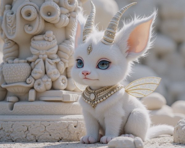 Fluffy White Cat-Like Creature with Wings and Horns