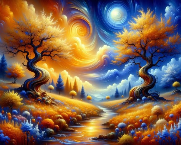Twisted Trees in a Vibrant Sunset Landscape