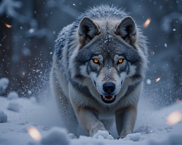 Majestic wolf in snowy landscape with amber eyes